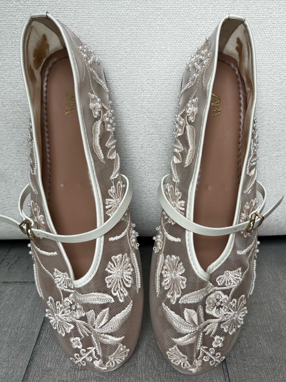 Zara Mesh Embroidered Ballet Floral Pearls Lace Flats Shoes Cream 8 Wedding Shoe - Picture 13 of 14